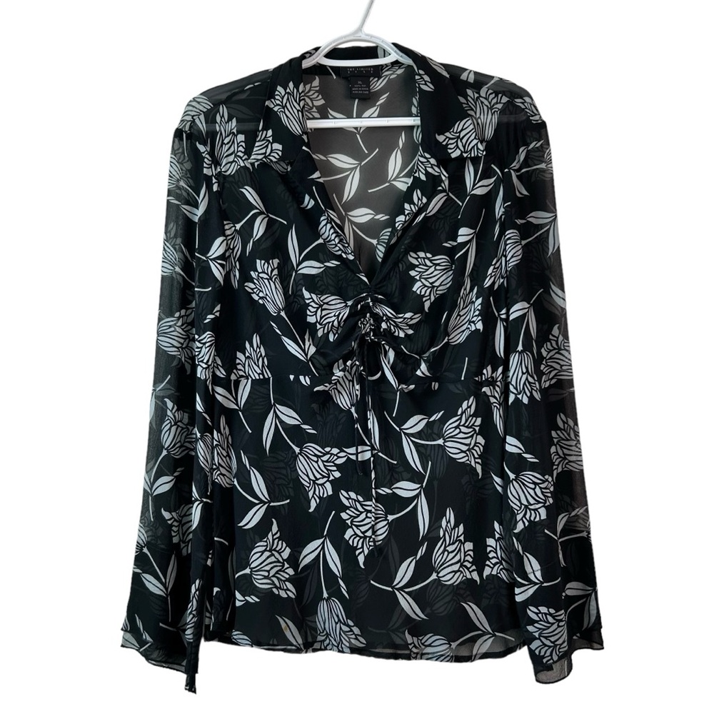 The Limited Silk Women’s Black Floral Ruched Tie Front Blouse Sz XL